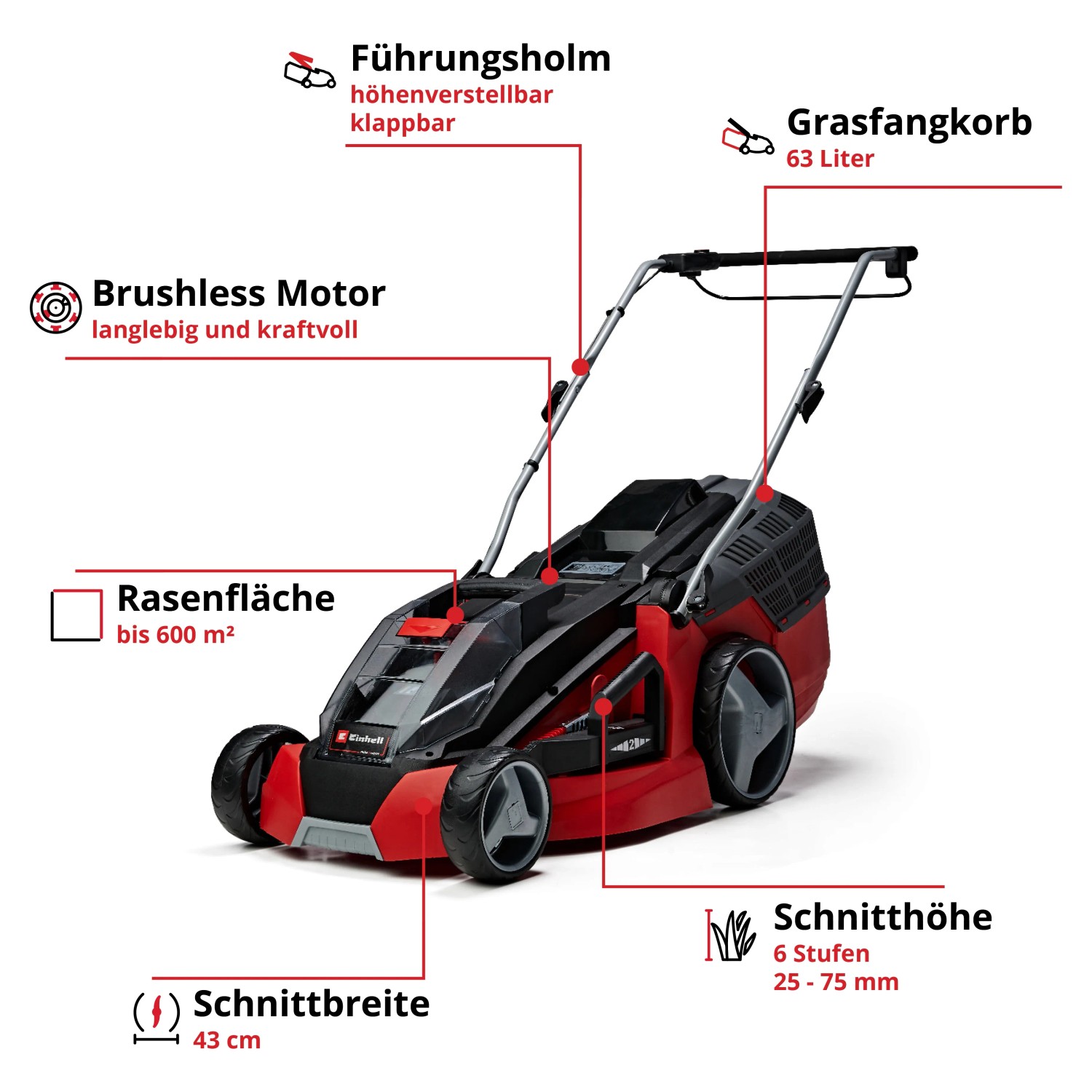 Einhell Power X-Change Akku-Rasenmäher GE-CM 43 Li 63 l Fangkorb inkl. 2 Akkus