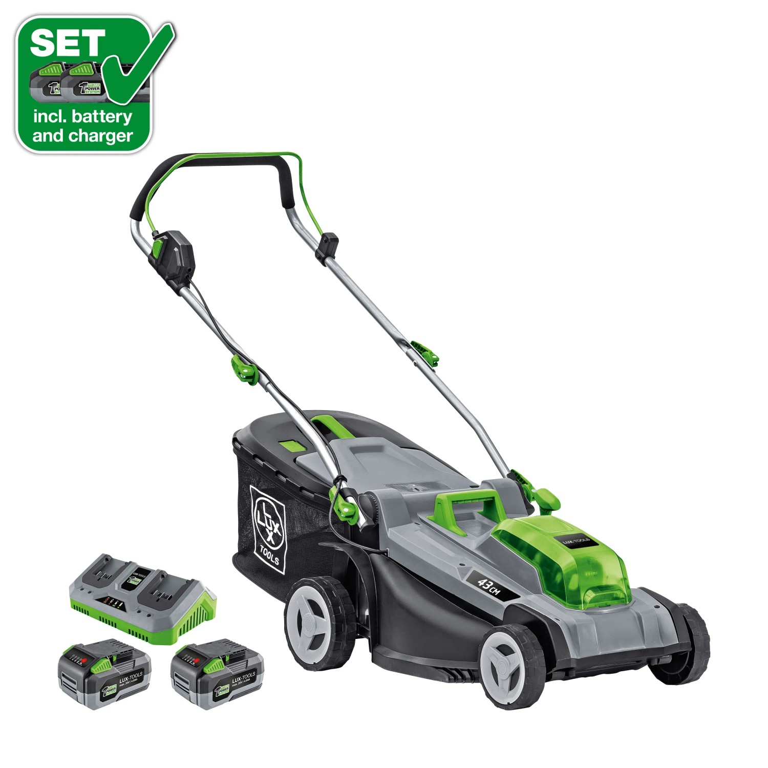 LUX-TOOLS 40V Akku-Rasenmäher 1 PowerSystem A-RM-2x 20/43 Set 2x 20V Akkus