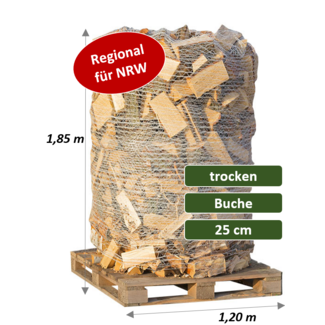 Trockenes Kaminholz - Buche - 25 cm Scheitlänge- 2 SRM (700 kg) auf Palette